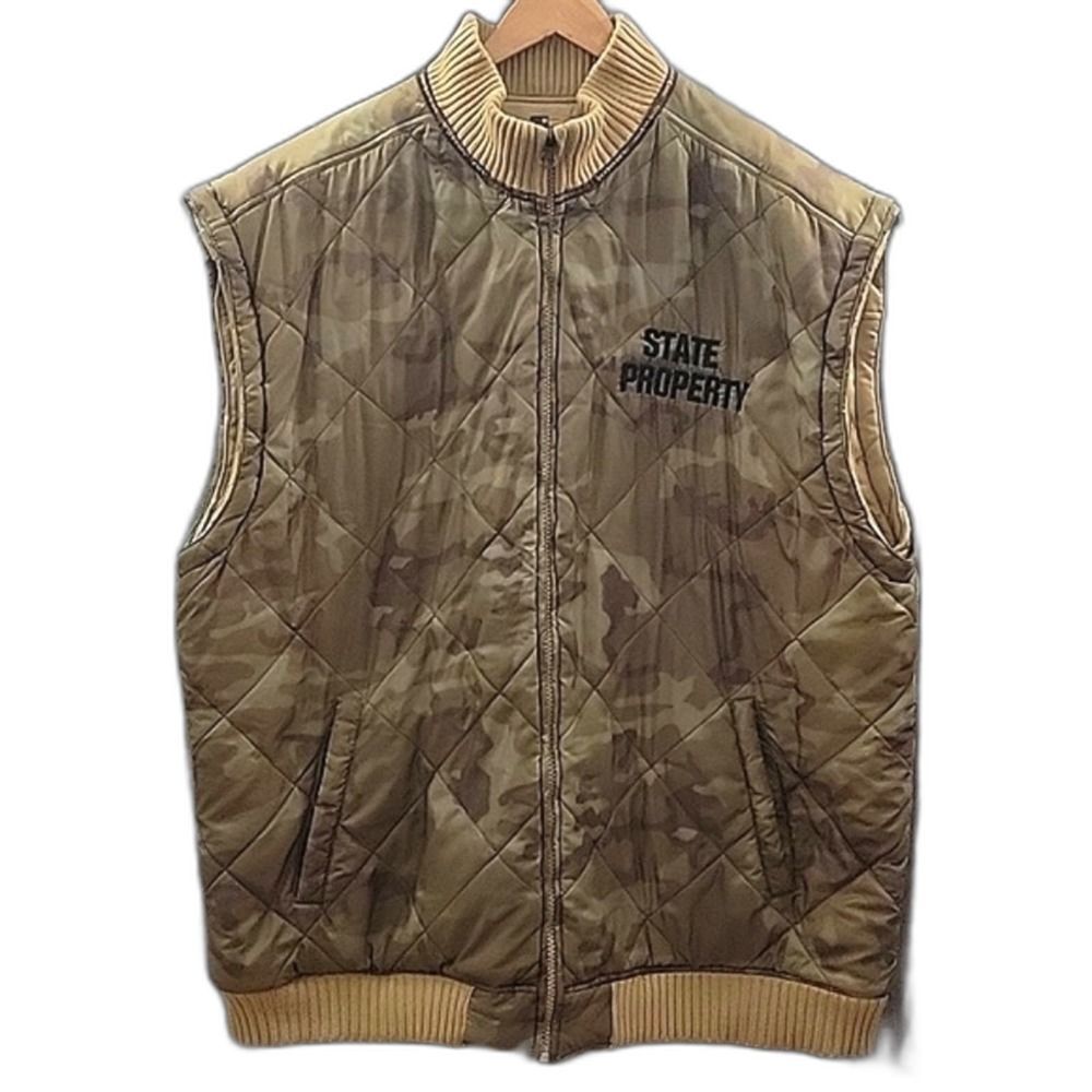 Vintage State Property Convertible Puffer Vest Men's 4XL - 90s Rap Camo / Khaki